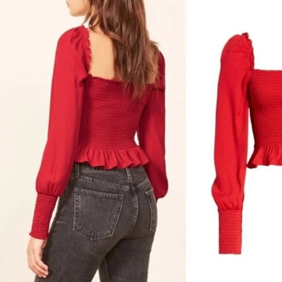 Reformation Francis Top Smocked Blouse Size L - Picture 4 of 10